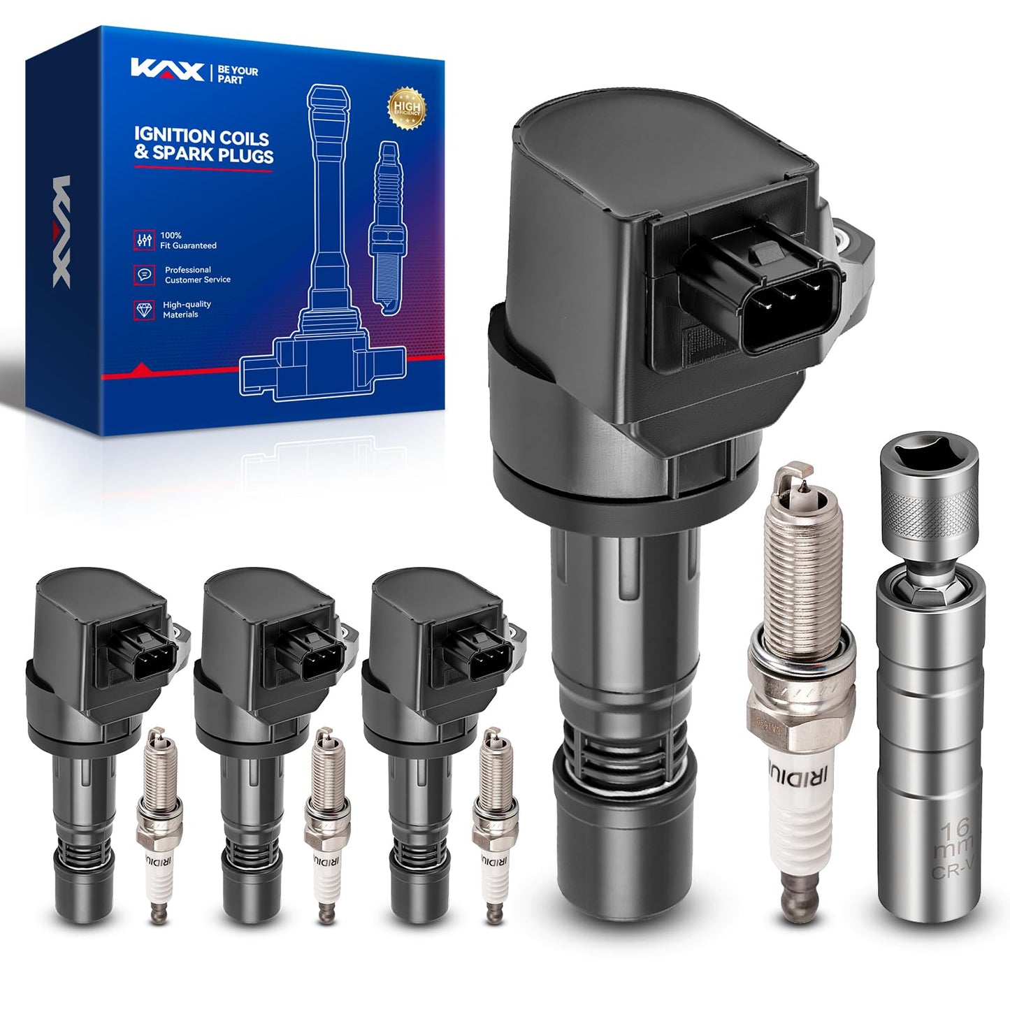 KAX OEM Performance Set of 4 Ignition Coil Pack & Iridium Spark Plugs w/Magnetic Socket Compatible with Honda Civic 2012-2015 1.