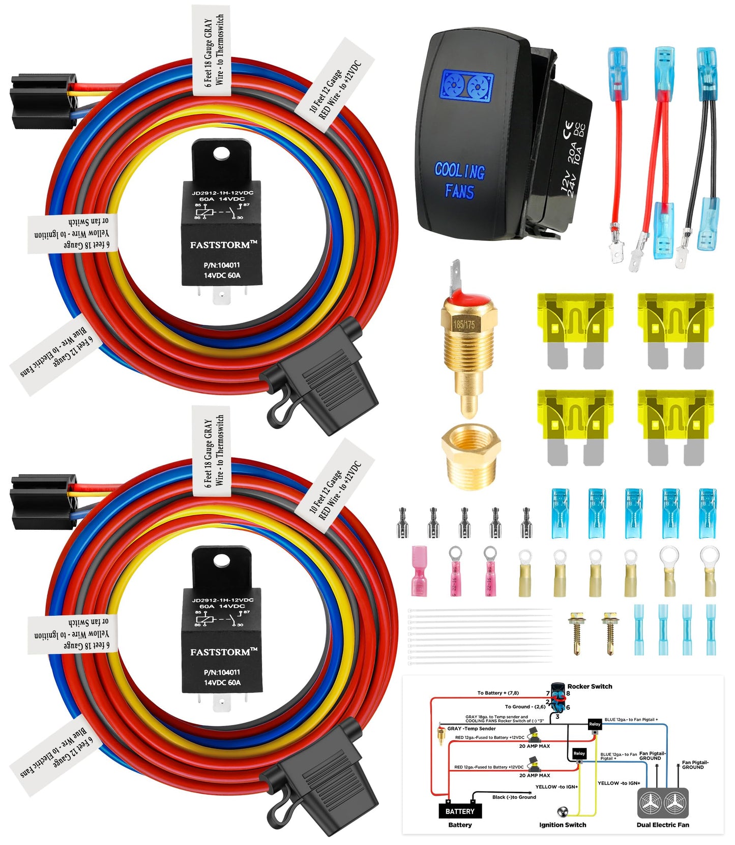 FASTSTORM 12V Dual Electric Fan Waterproof Relay Kit with Cooling Fans Rocker Switch with Jumper Wires Set 185 On 175 Off Temper
